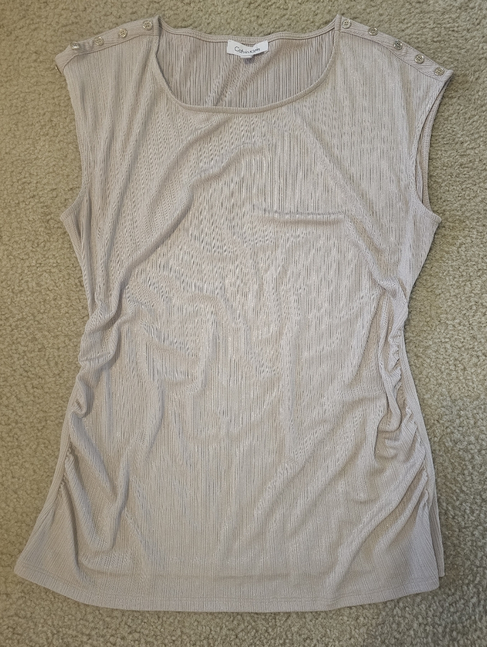 Calvin Klein Beige Metallic Cap-Sleeve Blouse with Gold Buttons
